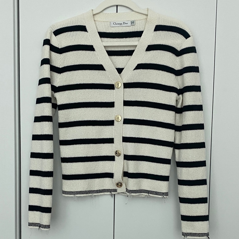 Dior Black & Cream Vintage Striped V-Neck Cardigan with Gold Buttons